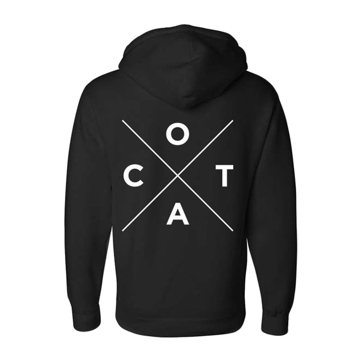 Black pullover hoodie crafted from soft ring-spun cotton, featuring white intersecting lines on the back that form an X shape. Letters C, O, T, and A are positioned in each quadrant created by the lines. Designed with a cozy fleece lined hood for added warmth and comfort.