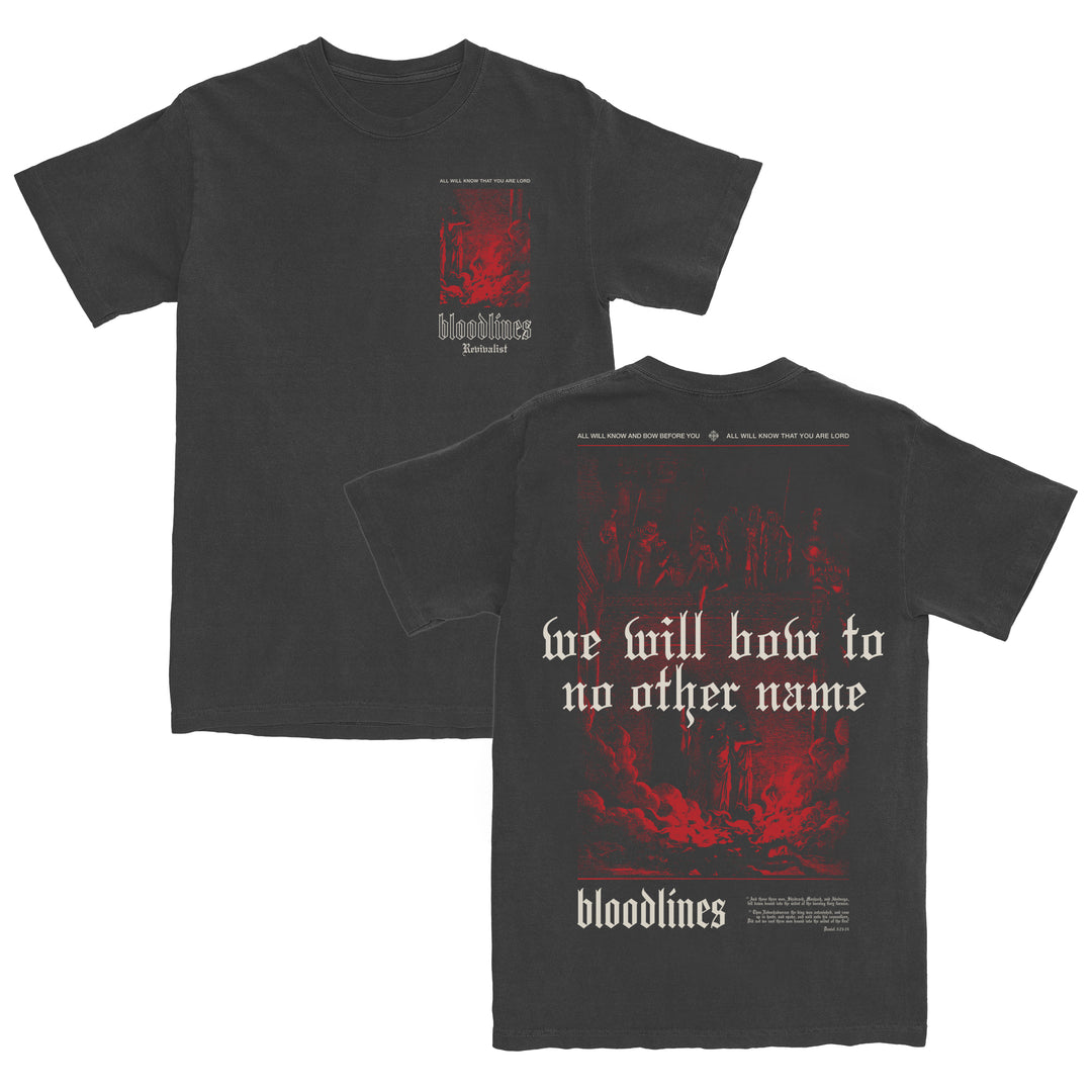 Bloodlines black heavyweight tee with red and white graphics: small red artwork and Bloodlines text on front; bold "we will bow to no other name" graphic and Bloodlines branding on back. Premium Bella Canvas quality.
