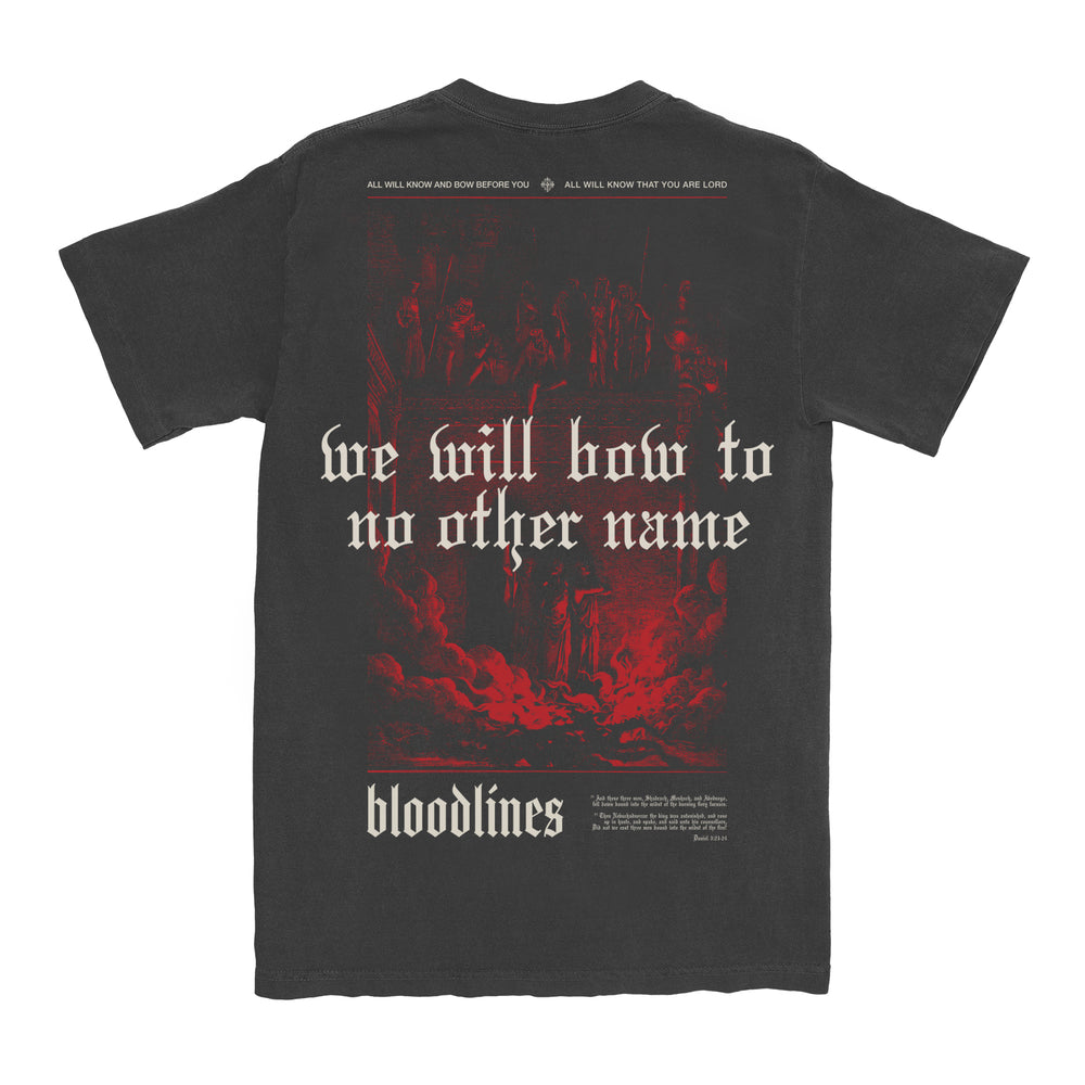 Bloodlines black heavyweight tee featuring red and white gothic text, "we will bow to no other name" and "bloodlines," layered over a red-tinted medieval scene. Smaller text accents the top and bottom of the garment-dyed back design.