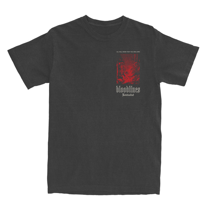 Black Bloodlines heavyweight Bella Canvas t-shirt with a red rectangular abstract graphic on the upper chest. Below, white gothic text spells "bloodlines" and "Revitalized." Durable and stylish.
