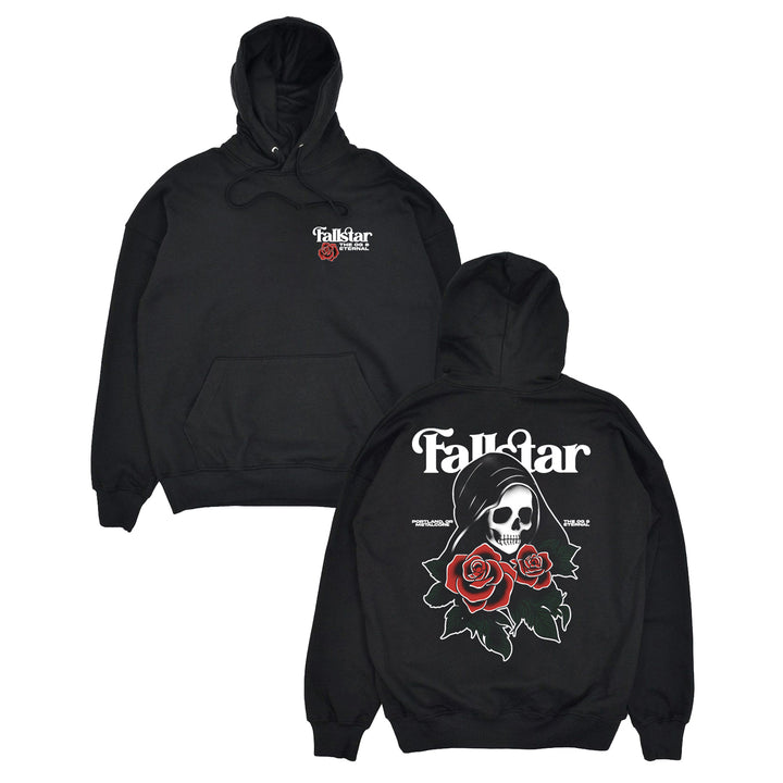 Black hoodie with Fallstar text and a red rose on the front left chest; crafted from ring-spun cotton fleece for a soft feel, this midweight pullover is an Independent Trading Company hoodie. The back features a hooded skull and two red roses with Fallstar text above.