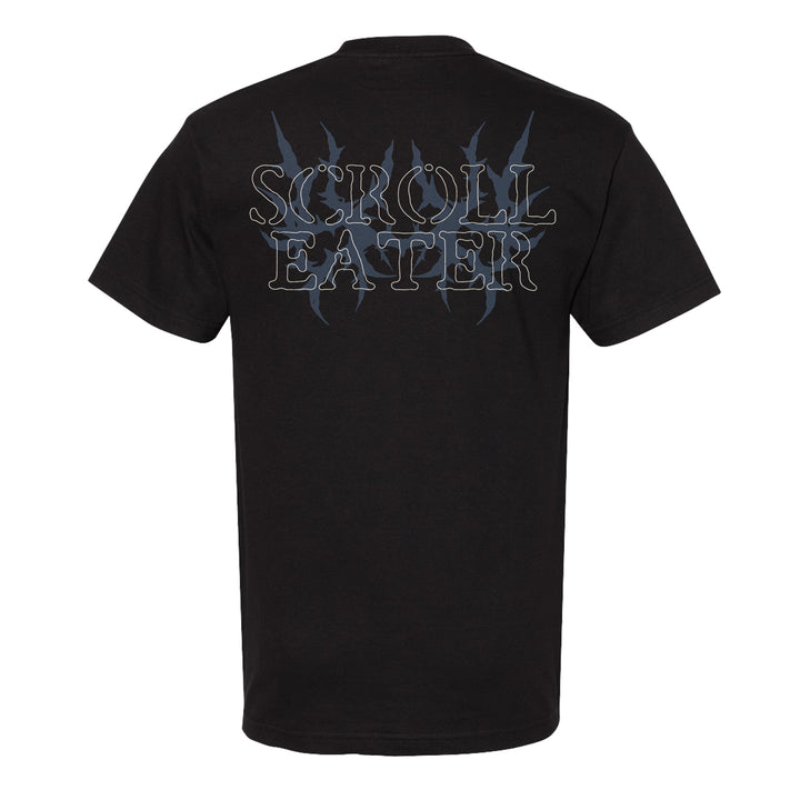 Black T-shirt made from 100% cotton, with SCROLL EATER in bold, stylized blue-gray letters on the back, accented with claw-like marks behind the text. This heavyweight T-shirt offers comfort and quality in true American Apparel style.
