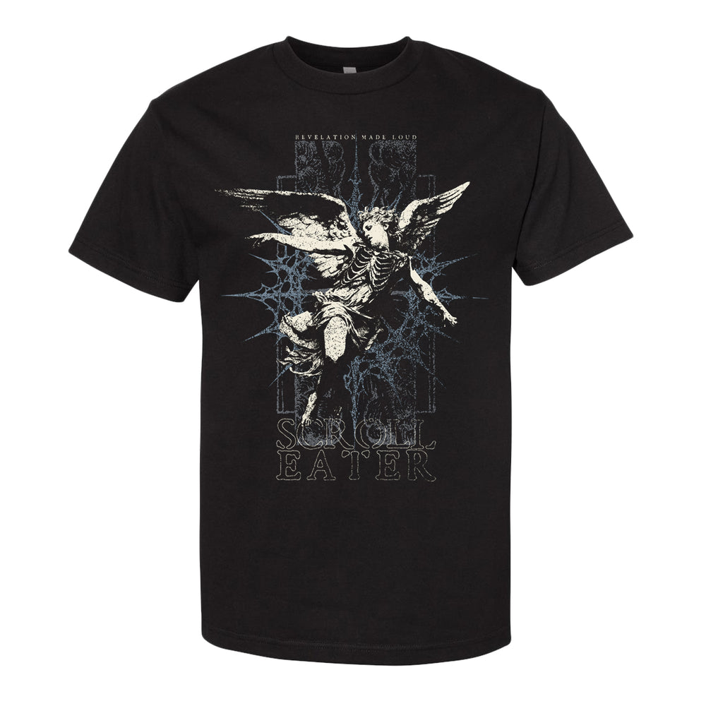 Black heavyweight t-shirt featuring a winged skeleton in white with outstretched arms and legs, backlit by blue lightning. Crafted from 100% cotton in a relaxed fit, it showcases the text REVELATION MADE LOUD above and SCROLL EATER below.