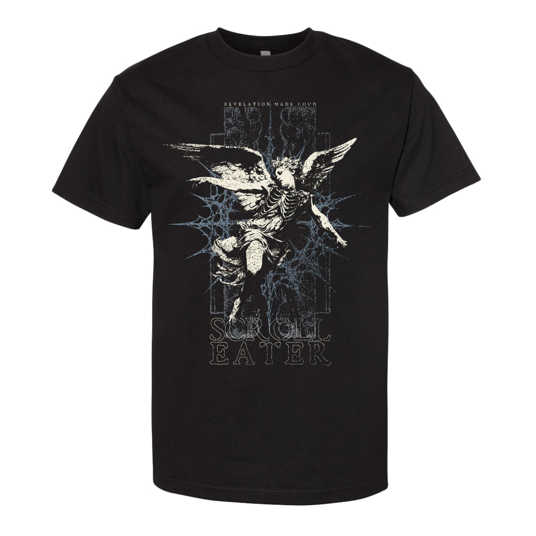 Black heavyweight t-shirt featuring a winged skeleton in white with outstretched arms and legs, backlit by blue lightning. Crafted from 100% cotton in a relaxed fit, it showcases the text REVELATION MADE LOUD above and SCROLL EATER below.