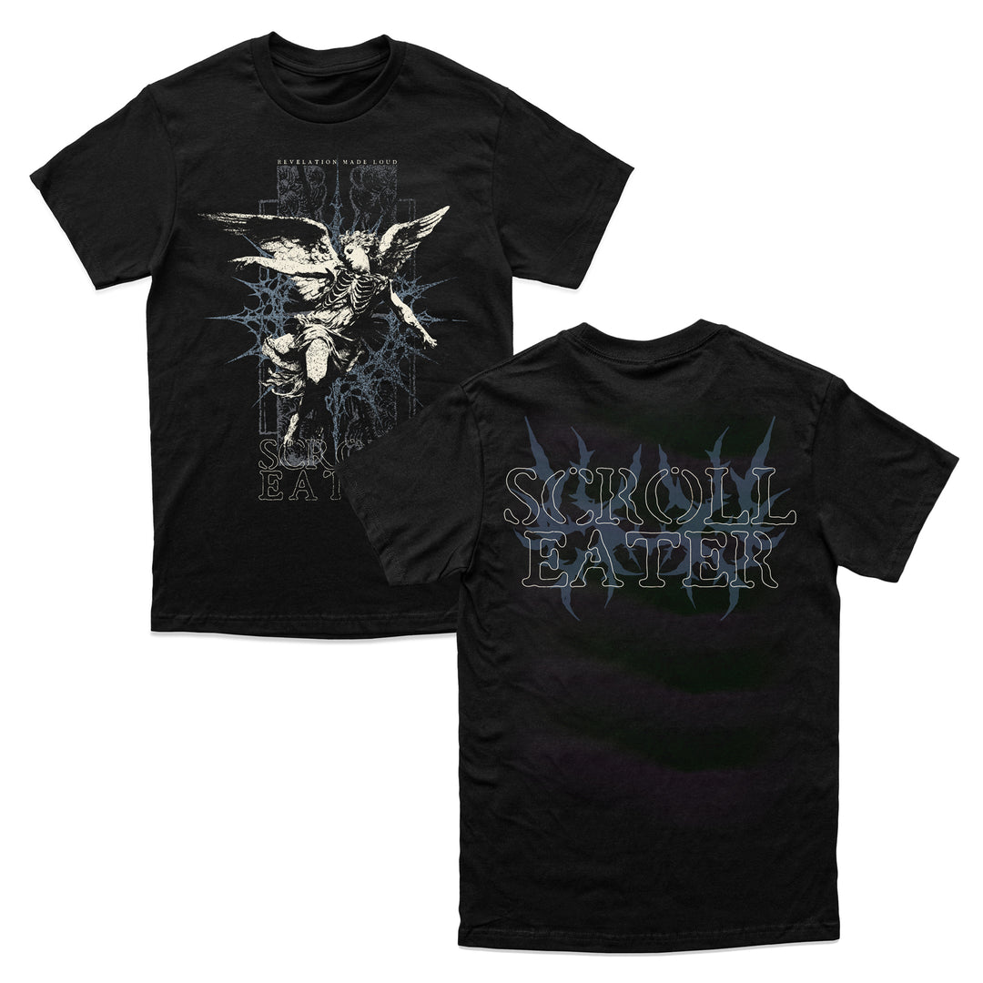 Black heavyweight 100% cotton t-shirt with a front graphic of an angel, REVELATION MADE LOUD and SCROLL EATER text, and a back graphic featuring SCROLL EATER in a gothic font over a blue starburst design.