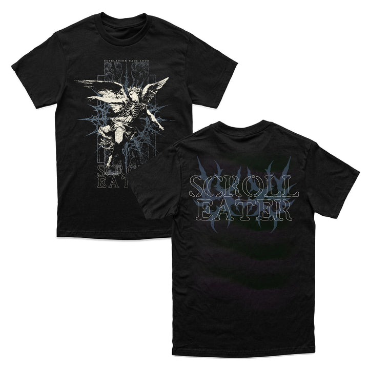 Black heavyweight 100% cotton t-shirt with a front graphic of an angel, REVELATION MADE LOUD and SCROLL EATER text, and a back graphic featuring SCROLL EATER in a gothic font over a blue starburst design.