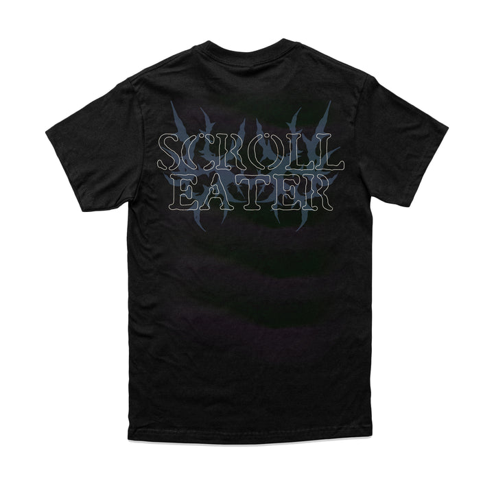 Black heavyweight t-shirt with the text SCROLL EATER in white outlined lettering over a faint dark graphic.