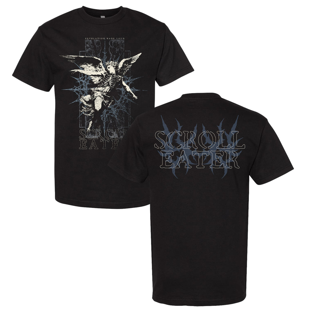 Black t-shirt with a graphic of a winged skeleton and lightning on the front, text reads Scroll Eater. Crafted from 100% cotton for comfort and durability, this heavyweight t-shirt features only the Scroll Eater text with lightning accents on the back.
