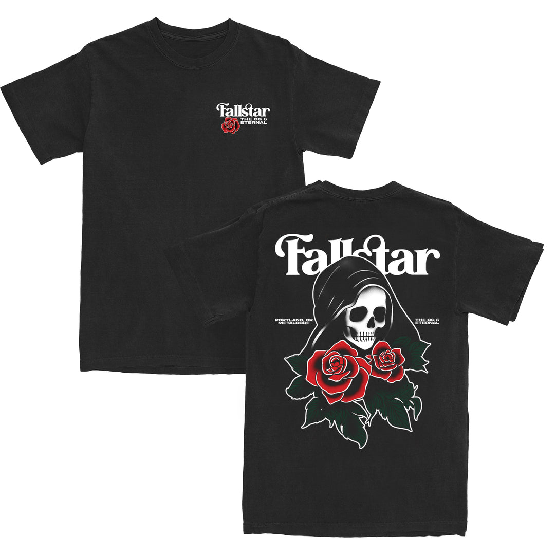 Black t-shirt with Fallstar text and red rose on front. Back features large Fallstar text above a hooded skull with two red roses and green leaves. Crafted from premium ring-spun cotton for a soft feel, this Gildan Softstyle T-Shirt offers a modern classic fit for everyday comfort.