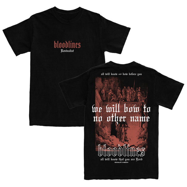 Black Bella Canvas t-shirt from Bloodlines with 'Revivalist' on the front. Back showcases religious artwork and text: "We will bow to no other name," along with Bloodlines branding and additional phrases above and below.