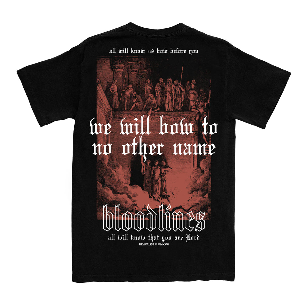 The Bloodlines heavyweight Black Bella Canvas tee features a dark medieval illustration and gothic text: "we will bow to no other name and bloodlines," boldly declaring your Lord status for all to see.