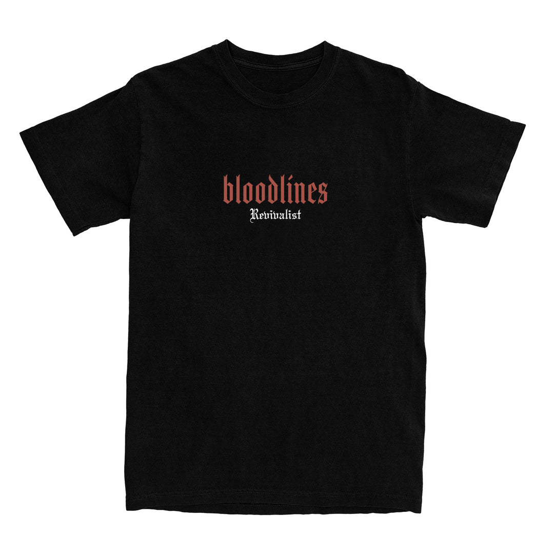 A black heavyweight Bloodlines tee featuring "bloodlines" in red gothic font and "Revivalist" in smaller white text, both centered on the chest.