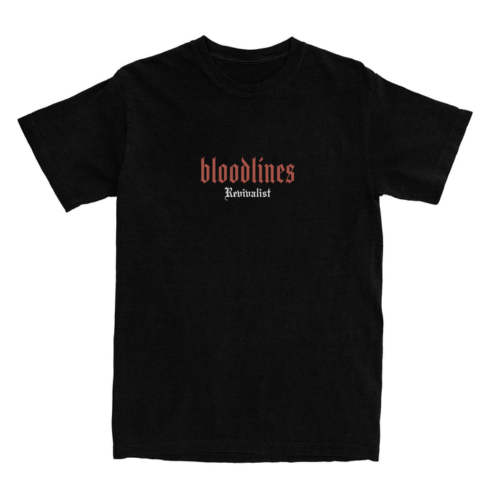 A black heavyweight Bloodlines tee featuring "bloodlines" in red gothic font and "Revivalist" in smaller white text, both centered on the chest.