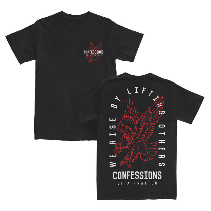 Black t-shirt with a red eagle graphic and Confessions on the front left. Crafted from soft ring-spun cotton, this modern classic fit is part of the Gildan Softstyle T-Shirts collection. The back features a large eagle design and the bold text: WE RISE BY LIFTING OTHERS CONFESSIONS OF A TRAITOR.
