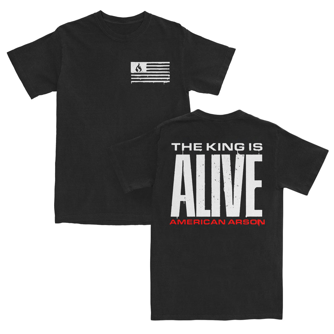 Black T-shirt crafted from premium ring-spun cotton, featuring a small American flag and flame logo on the front left chest. The back showcases bold white text: THE KING IS ALIVE with AMERICAN ARSON in striking red underneath. Quality you can trust—another standout addition to our Next Level Apparel t-shirts collection.