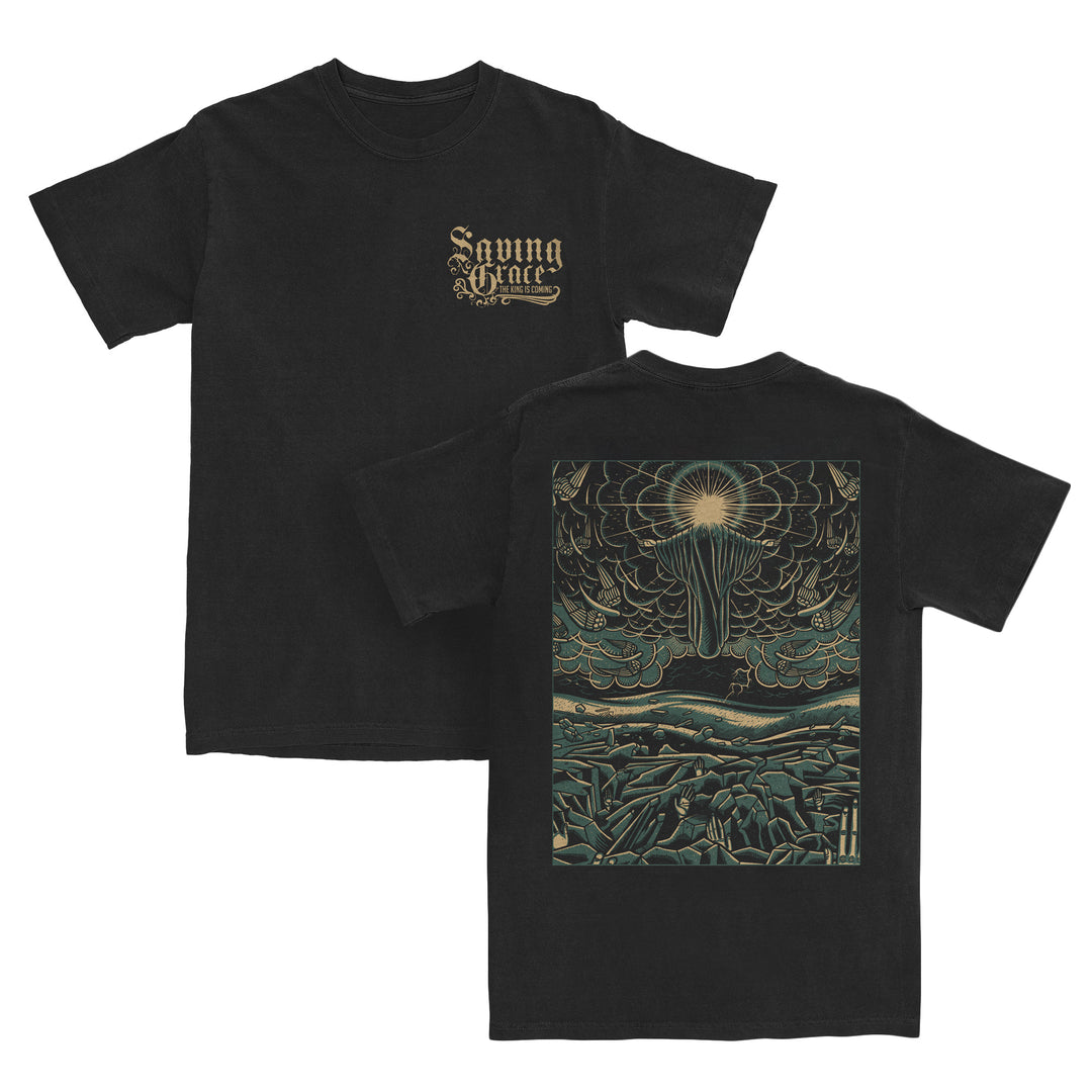 Black t-shirt made from 100% cotton with Saving Grace text on the front left chest and a large, detailed illustration of a radiant figure above a dramatic landscape on the back. Features a relaxed fit in classic American Apparel style for all-day comfort.