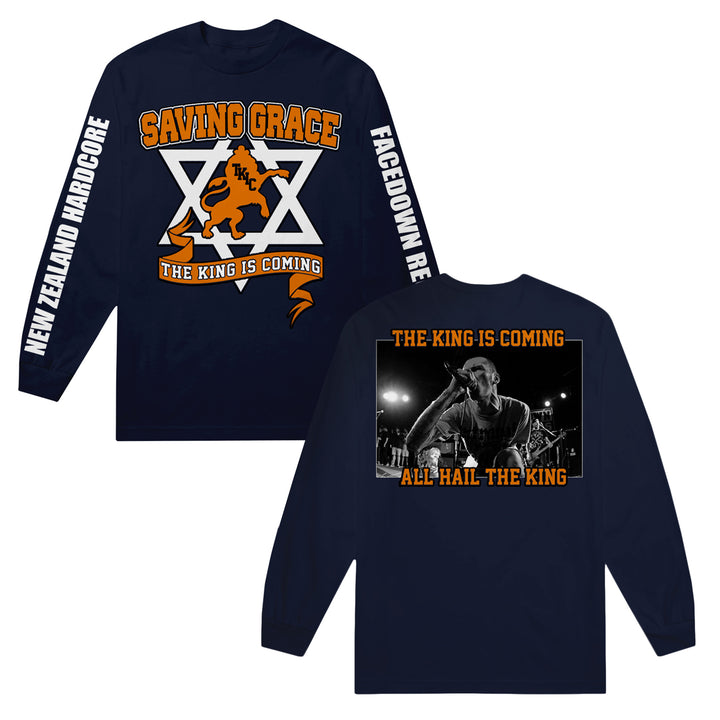 Navy ComfortWash long sleeve shirt with Saving Grace and lion graphic on the front. Back shows a vocalist performing, text reads The King Is Coming, All Hail The King. Garment dyed with vintage washed feel.