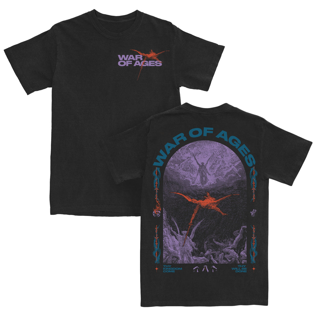 Black t-shirt with War of Ages in purple on the front. Crafted from 100% cotton for breathable comfort, this American Apparel tee offers a relaxed fit that’s perfect for everyday wear. The back features War of Ages text above a detailed dark fantasy scene with a winged creature, and smaller text reading The Monarch Covenant and The World Whispers.