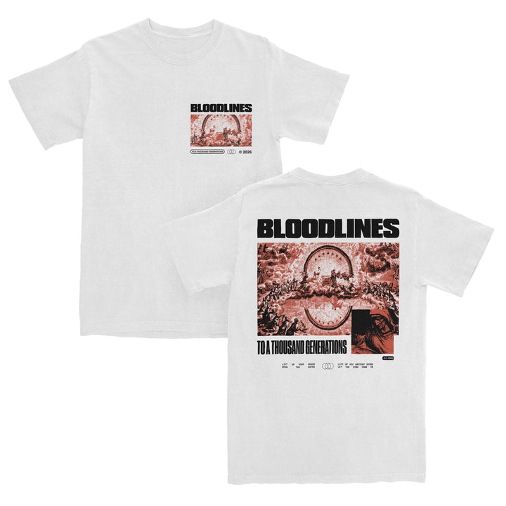 White t-shirt with BLOODLINES in bold black text, a red circular historical illustration on front and back, and the phrase TO A THOUSAND GENERATIONS printed below the back image. Crafted from 100% cotton for comfort, this heavyweight t-shirt offers a relaxed fit that combines statement style with everyday wearability.