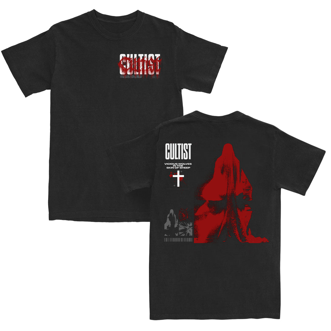 Black T-shirt made from 100% cotton with CULTIST in bold white and red on the front. The back features a large red-robed figure, white CULTIST text, a cross, and various graphic elements in black, white, and red. Designed in a relaxed fit for comfort and style.