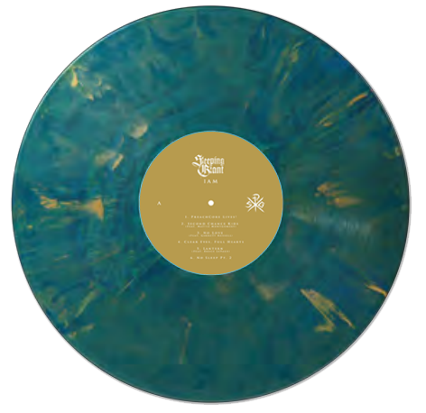 A blue and yellow marbled vinyl record with a gold center label displaying track info and the album title "I AM" by Sreemin Tsant from Sleeping Giant, shown on a light background.