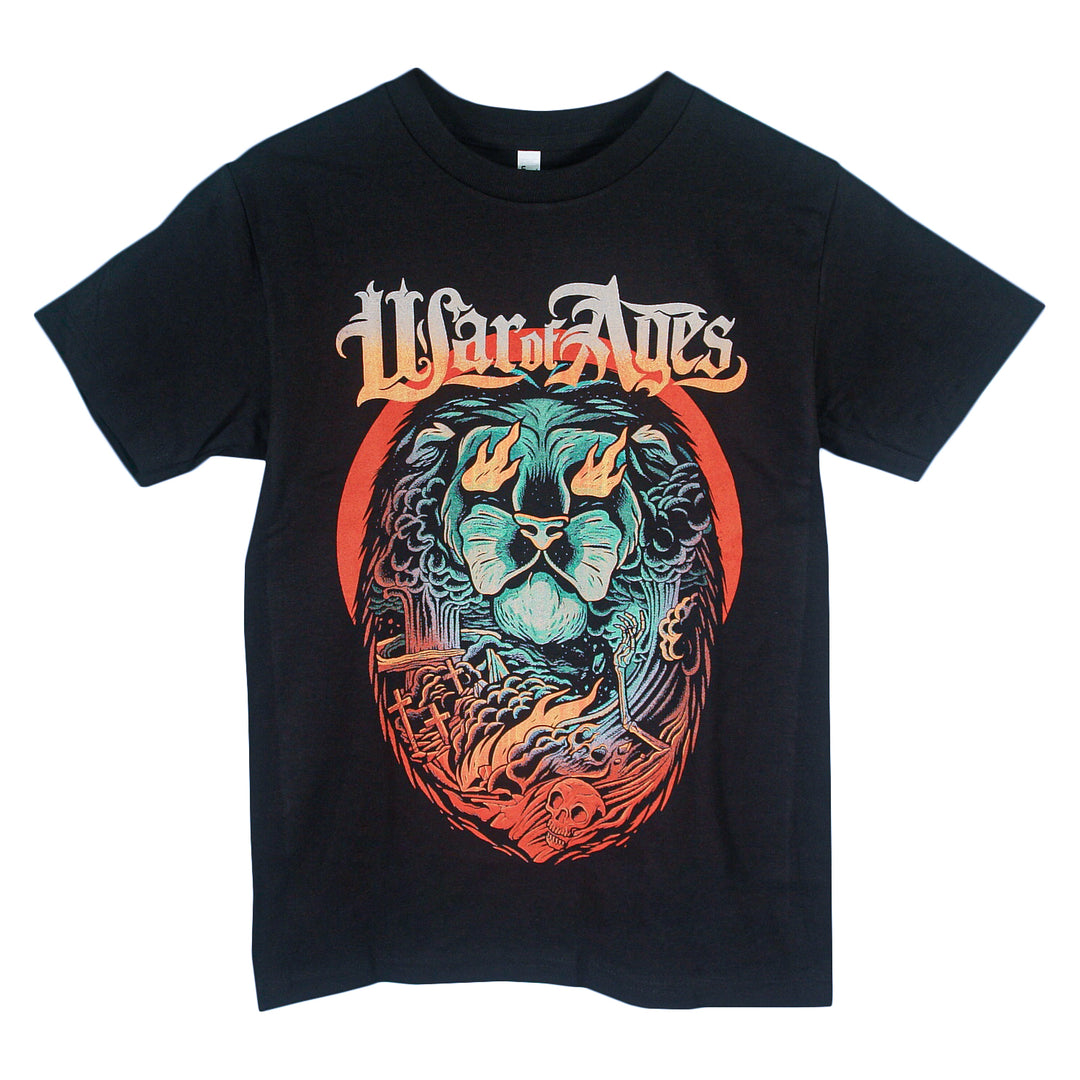 War Of Ages black T-shirt in a relaxed fit, featuring the bands name above a fierce lion head with flaming eyes and surrounded by flames, weapons, and a skull in earthy orange and brown tones. Made from 100% cotton for comfort.