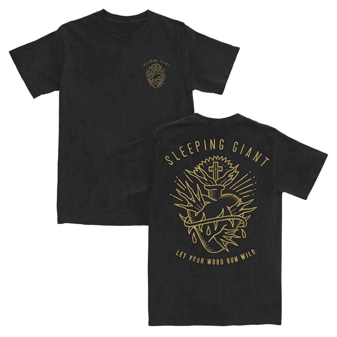 Black t-shirt with gold graphic crafted from 100% cotton. Front: small logo over left chest. Back: large design with heart, crown of thorns, sword, and cross, reading SLEEPING GIANT above and LET YOUR WORD RUN WILD below. Features a relaxed fit in classic American Apparel style for all-day comfort.