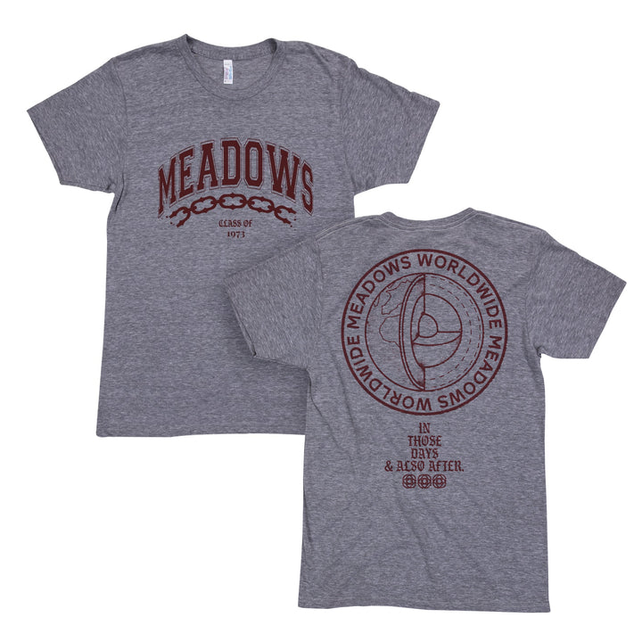 Gray cotton polyester t-shirt from Next Level Apparel with MEADOWS CLASS OF 1971 in maroon printed on the front. On the back, large maroon text reads MEADOWS WORLDWIDE circled around a graphic, plus smaller text below. Perfect for fans of classic printed t-shirts with a timeless look.