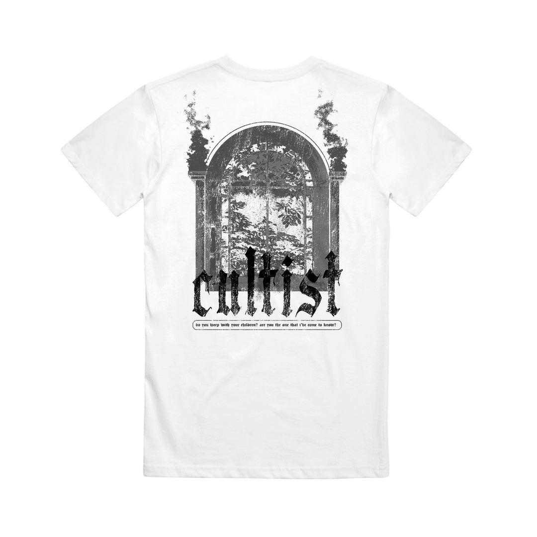 White Cultist t-shirt by American Apparel with a black gothic graphic on the back—an ornate archway, smoke, trees, and "Cultist" in bold above a small caption.
