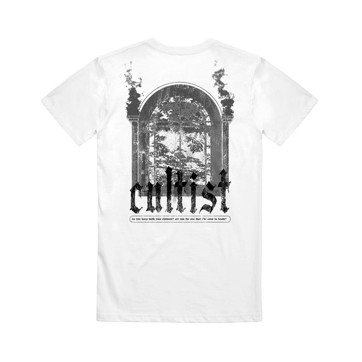 White Cultist t-shirt by American Apparel with a black gothic graphic on the back—an ornate archway, smoke, trees, and "Cultist" in bold above a small caption.