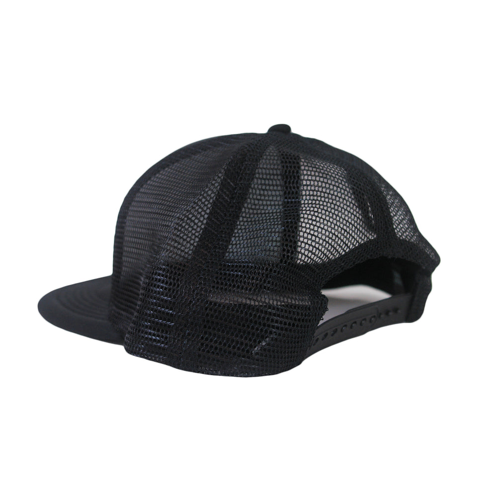 A black mesh trucker hat by Facedown Records, shown from the back, featuring a curved brim and adjustable snapback closure. This classic snapback blends comfort and style for everyday wear.