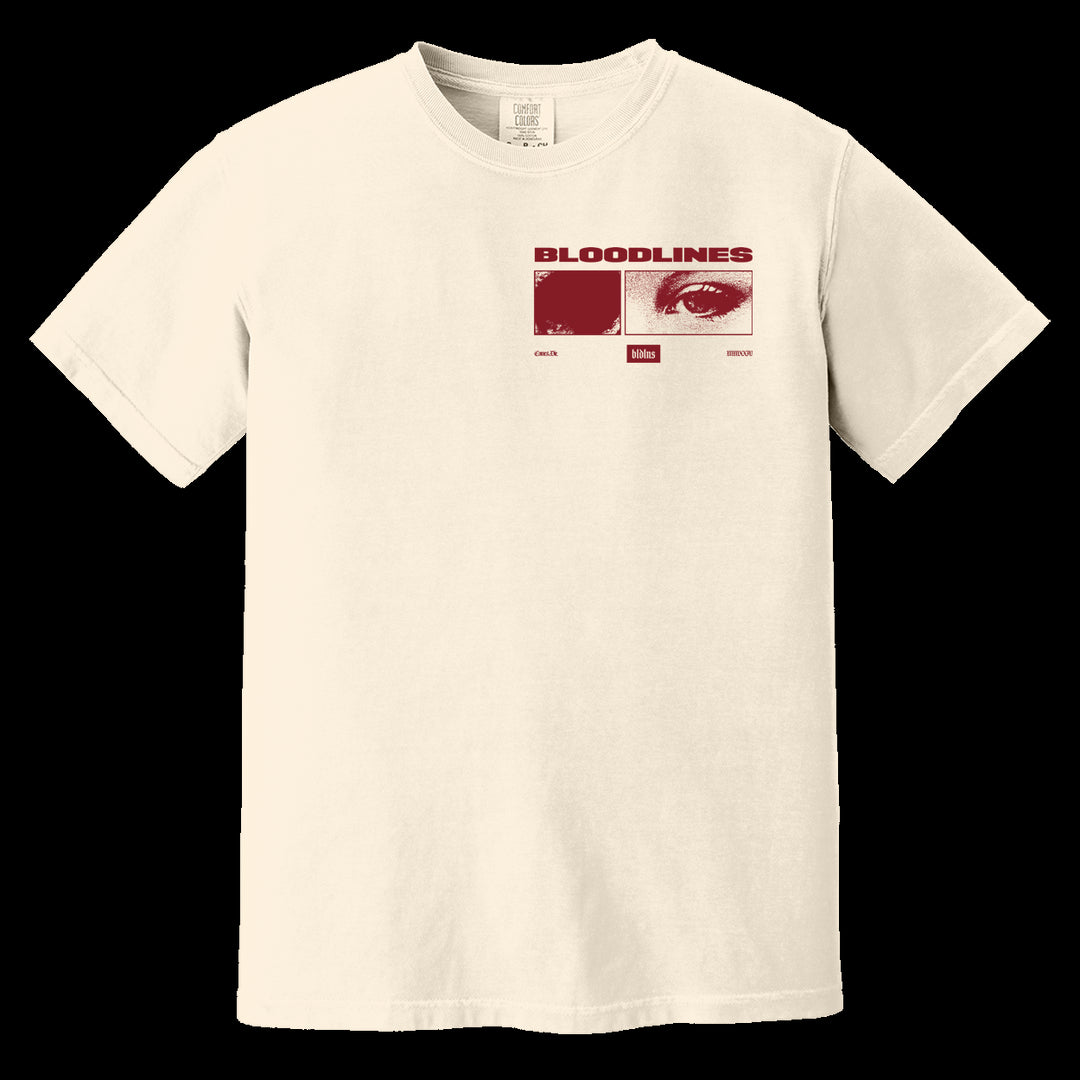 A cream-colored Bloodlines t-shirt features bold red graphics: a close-up eye, BLOODLINES text, and small boxes labeled ORACLE, VISION, and MIRROR.