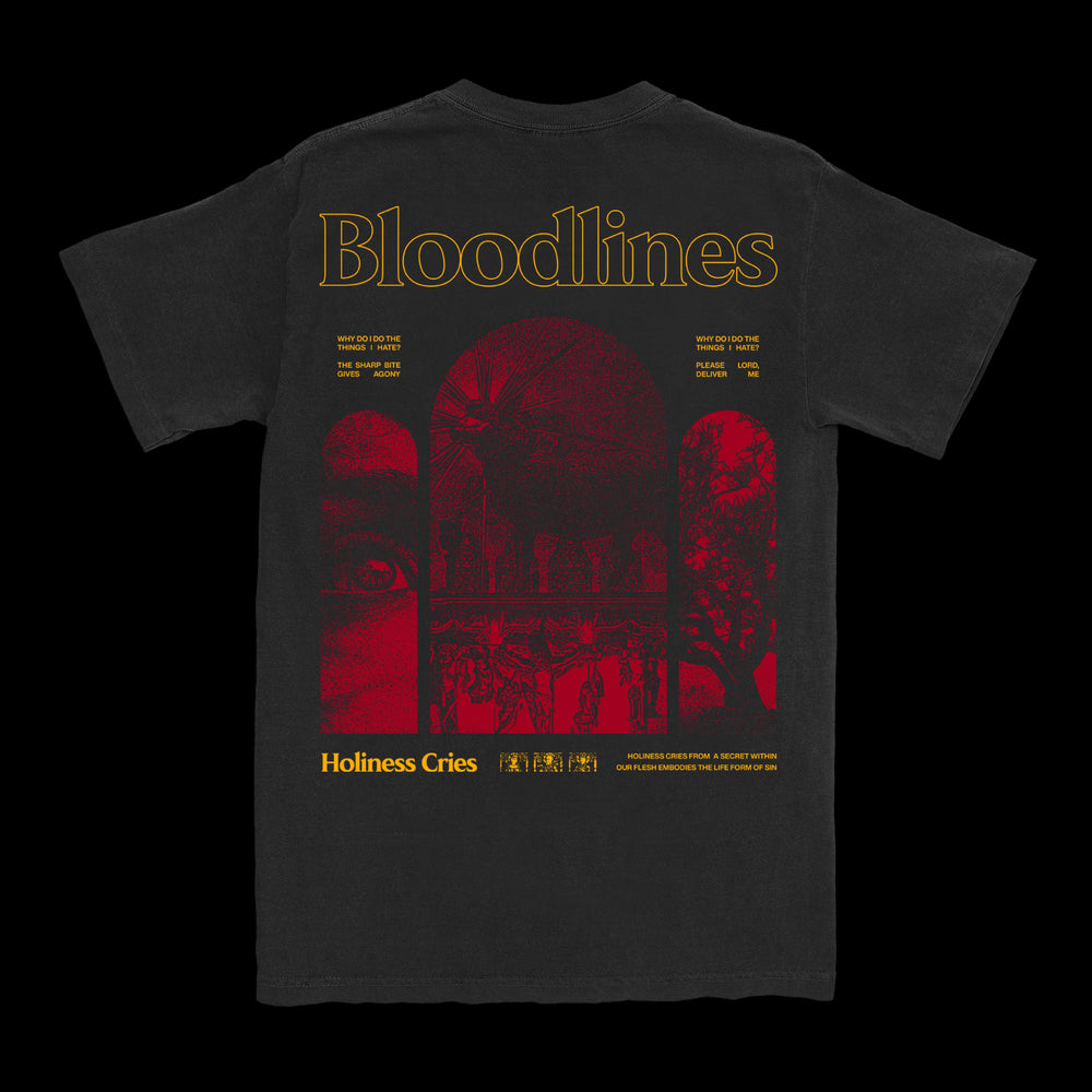 This black Comfort Colors tee by Bloodlines displays its name in bold yellow with red arches below, featuring an eye, figures, a tree, and the sun. Holiness Cries appears at the bottom in yellow.