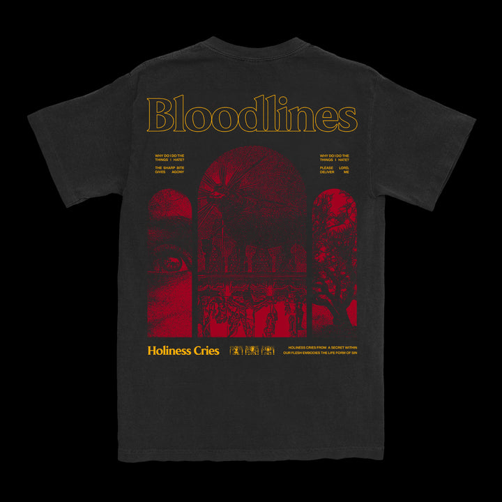 This black Comfort Colors tee by Bloodlines displays its name in bold yellow with red arches below, featuring an eye, figures, a tree, and the sun. Holiness Cries appears at the bottom in yellow.