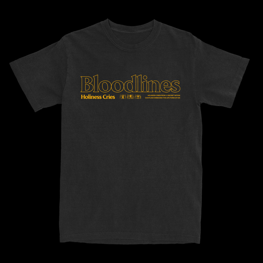A black Comfort Colors T-shirt by Bloodlines featuring Bloodlines in bold gold, Holiness Cries in smaller gold below, with subtle symbols and fine print for a striking look.
