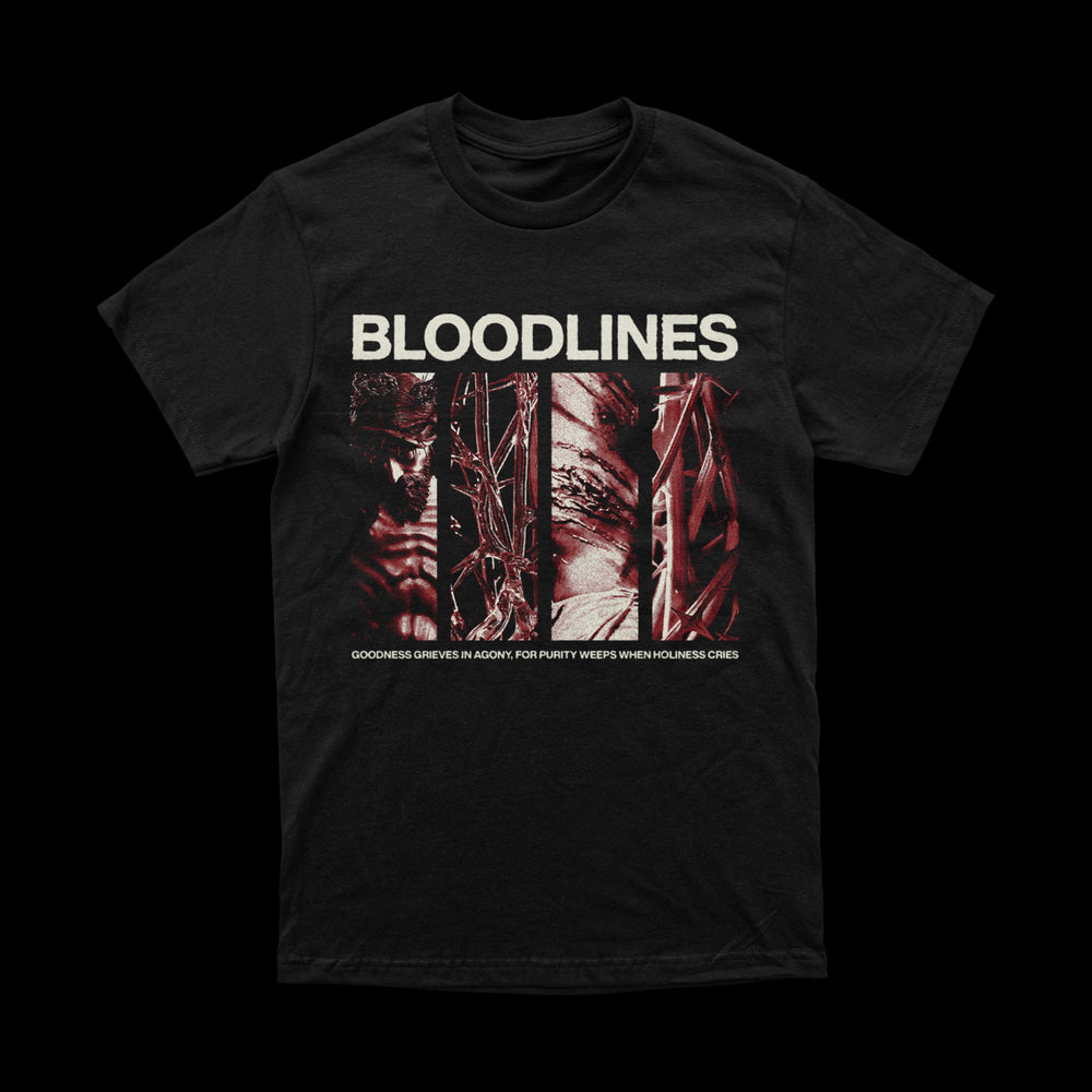 The Bloodlines black t-shirt from Comfort Colors features BLOODLINES in bold white letters above three vertical, distressed red and white images. Below, the text reads: GOODNESS GRIEVES IN AGONY, FOR PURITY WEEPS WHEN WICKEDNESS CRIES. Size chart included.