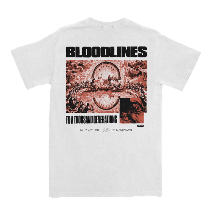White printed t-shirt with the word BLOODLINES above a detailed, reddish illustration. Below, text reads TO A THOUSAND GENERATIONS and includes various small logos and symbols. Crafted on premium quality Bella Canvas fabric for ultimate comfort and durability.