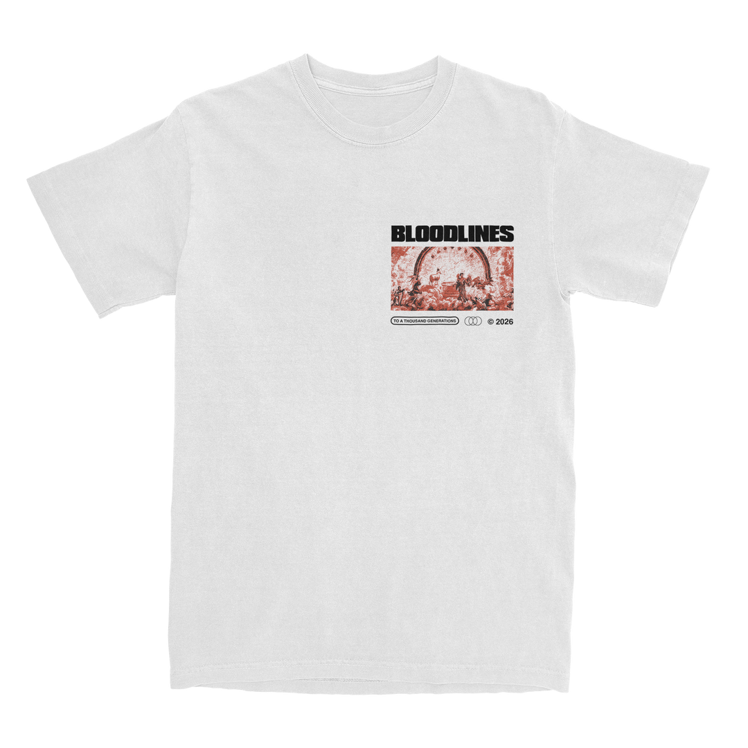 White Bella Canvas t-shirt featuring a red-tinted graphic of people, the word BLOODLINES in bold black text above, and smaller text and icons below the image on the left chest area—a striking printed shirt that combines comfort with standout style.