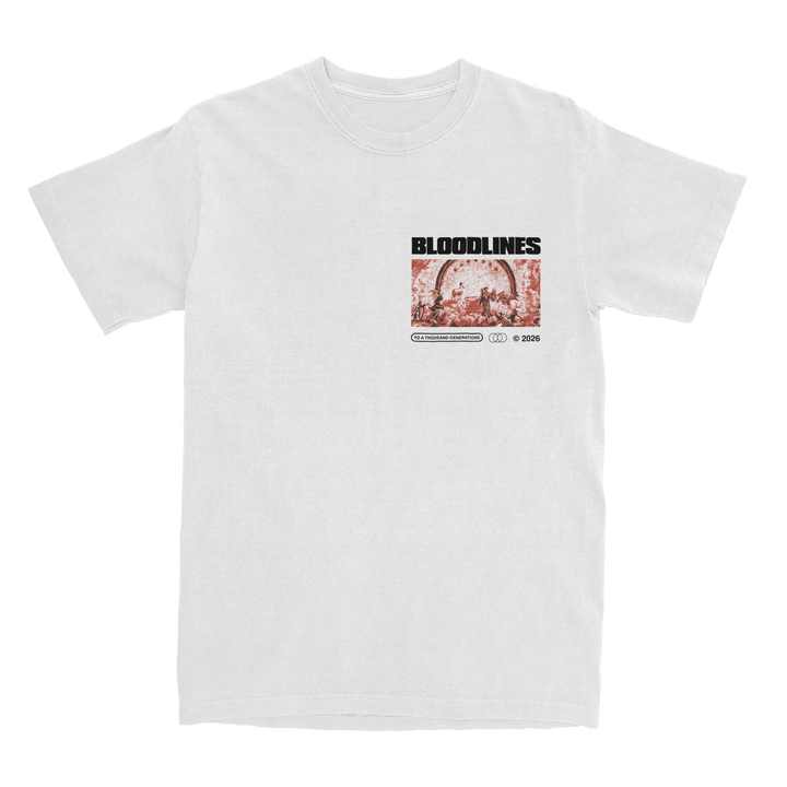 White Bella Canvas t-shirt featuring a red-tinted graphic of people, the word BLOODLINES in bold black text above, and smaller text and icons below the image on the left chest area—a striking printed shirt that combines comfort with standout style.