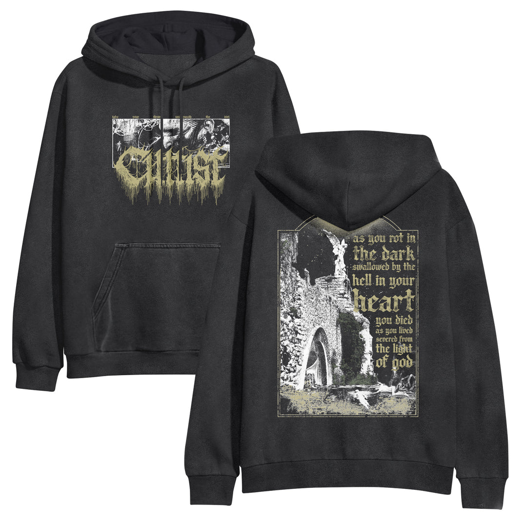 Pigment black hooded sweatshirt from Cultist featuring gothic graphics—a distressed band logo on the front and a stone archway with "heart" and "of god" in bold, stylized fonts on the back.