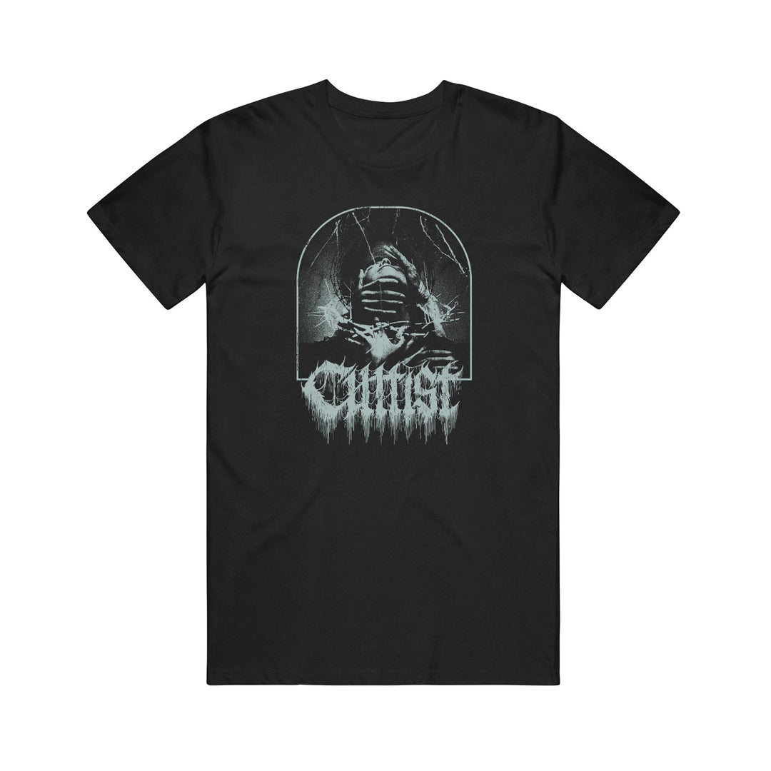 Black Cultist Comfort Colors tee with a Gothic graphic of two clasped hands amid cracks and dark shapes, finished with jagged, icy "CHURST" lettering below.