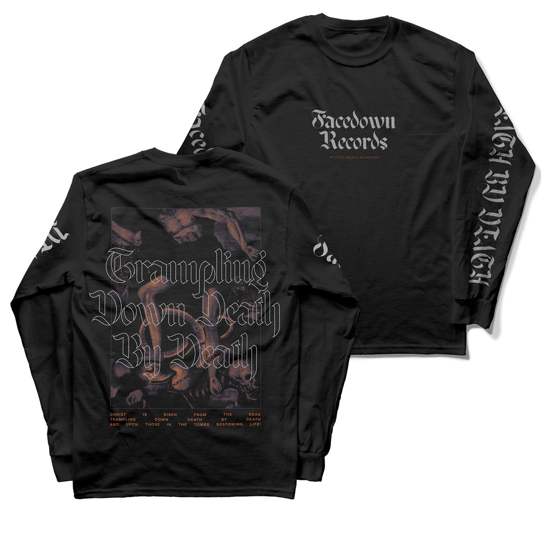 This premium Facedown Records black long-sleeve shirt features gothic text on the chest and sleeves, dark classical artwork on the back, and "Trampling Down Death By Death" with a band list below.