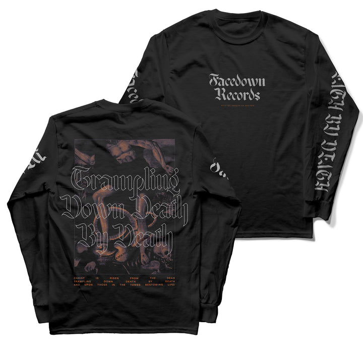 This premium Facedown Records black long-sleeve shirt features gothic text on the chest and sleeves, dark classical artwork on the back, and "Trampling Down Death By Death" with a band list below.