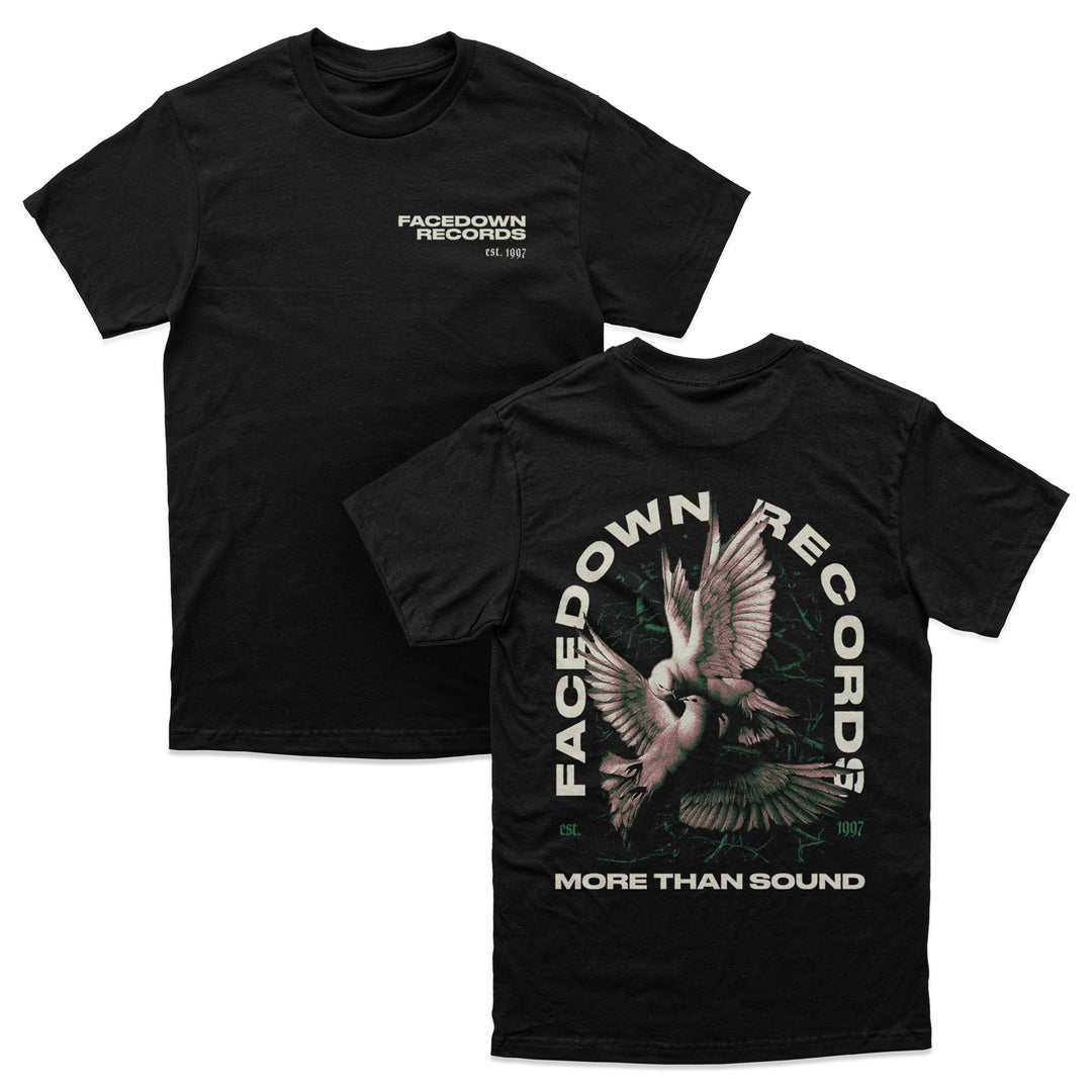 Two black Facedown Records Comfort Colors tees: front features small white "Facedown Records Est. 1997" text; back showcases a graphic with two birds and bold Facedown Records and More Than Sound lettering.