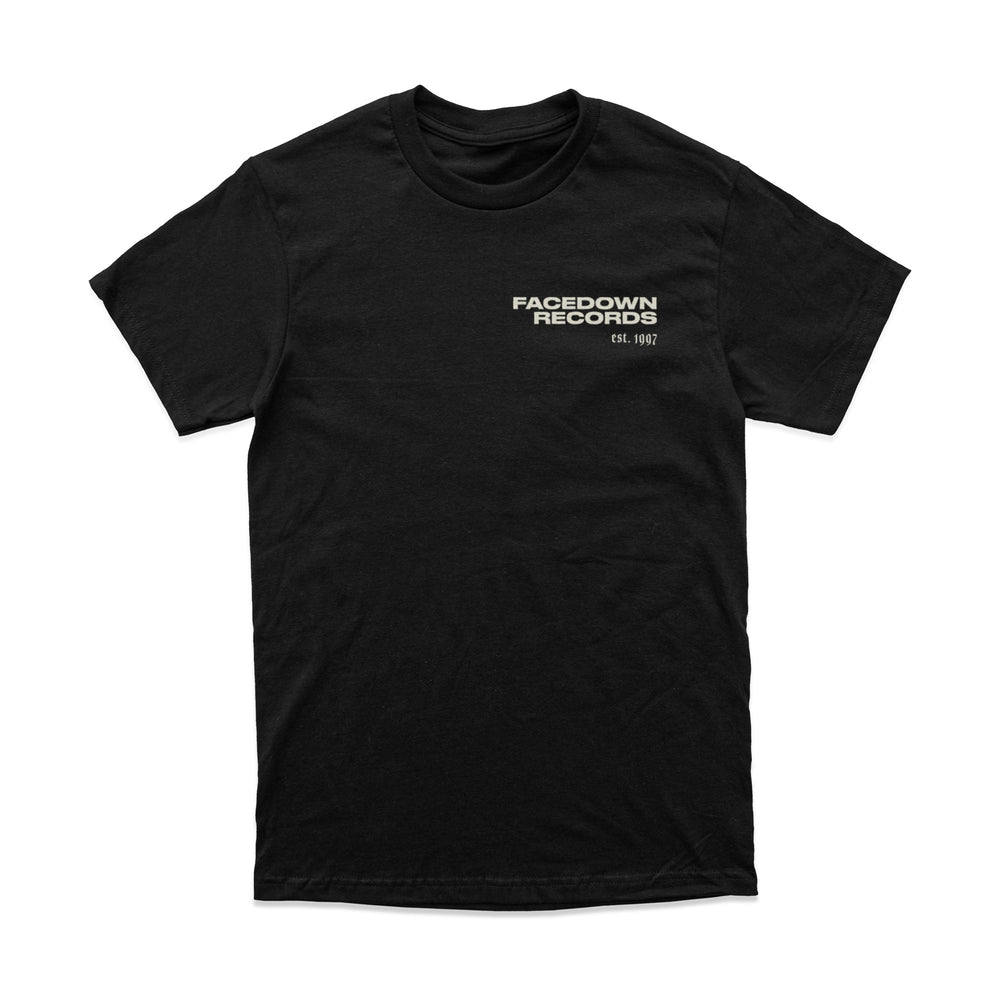 Black Comfort Colors t-shirt by Facedown Records, featuring "FACEDOWN RECORDS EST. 1997" in small white text on the left chest, shown laid flat on a white background.