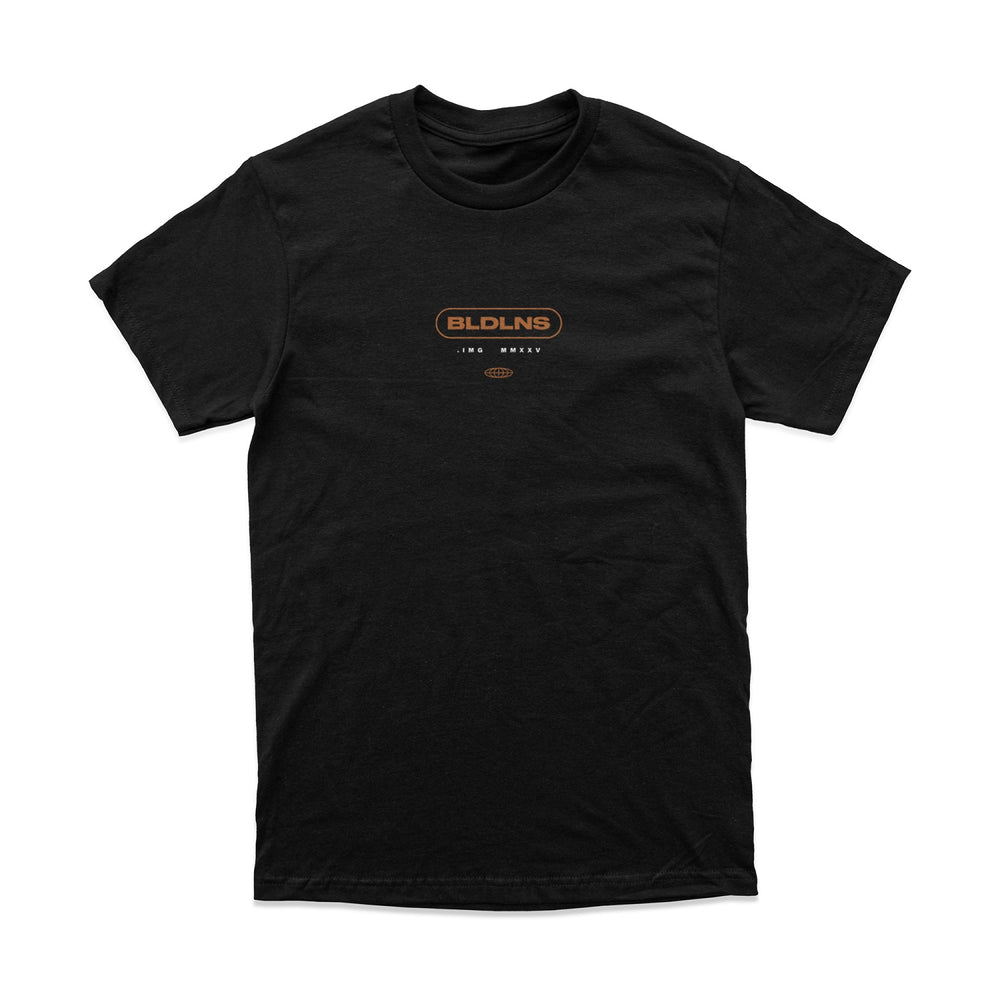 A plain black Bloodlines Comfort Colors t-shirt with a small brown and orange BLDLNS logo and text centered on the chest.