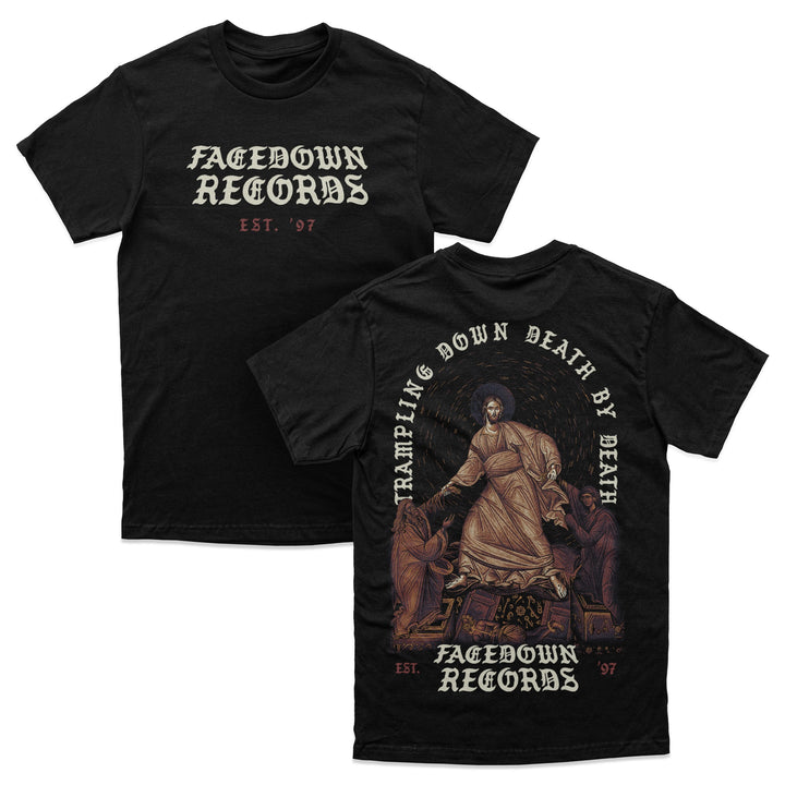 Black Comfort Colors tee by Facedown Records. Front: "Facedown Records Est. 97." Back: robed figure trampling skeletons with "Trampling Down Death by Death" and Facedown Records Est. 97 text.