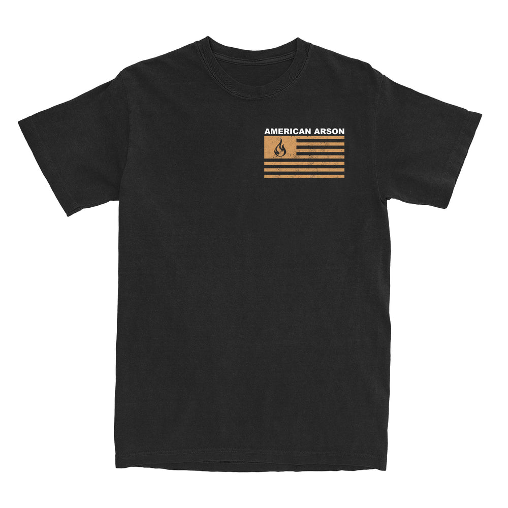 Black American Arson Alstyle T-shirt featuring a small left-chest graphic with yellow stripes, a flame icon, and AMERICAN ARSON text above the design.