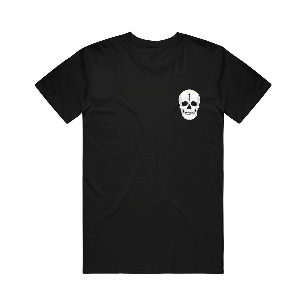 HolyName black t-shirt features a small white skull with a vertical line and cross on the left chest. Made from soft ring-spun cotton, this modern classic fit Gildan Softstyle Tee ensures all-day comfort and timeless style.