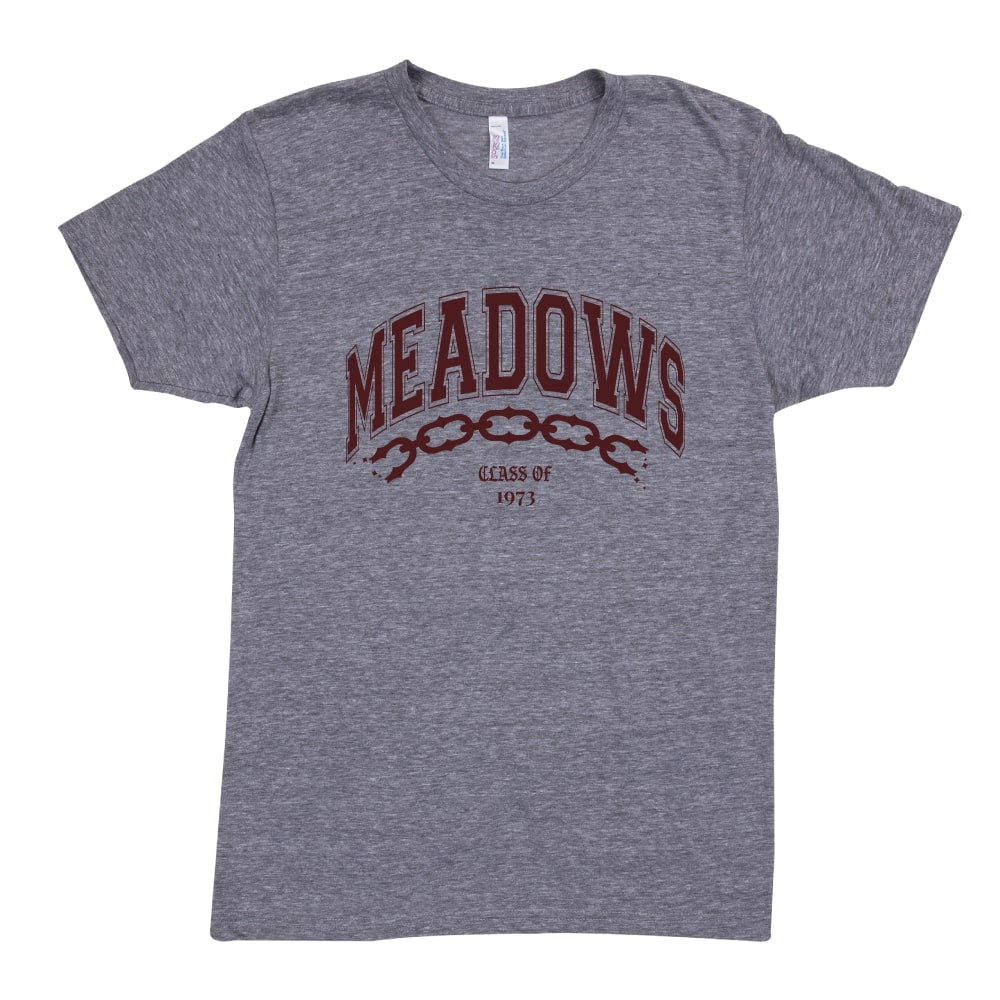The Meadows gray cotton-polyester t-shirt features MEADOWS in bold maroon letters over a chain graphic, with CLASS OF 1973 below. Includes a comfortable tear-away label for easy wear.